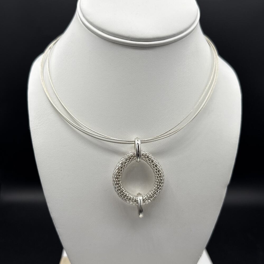 Multi Strand Cable Necklace 19 in Silver Tone Mesh Circle‎ Pendant Dana Buchman
